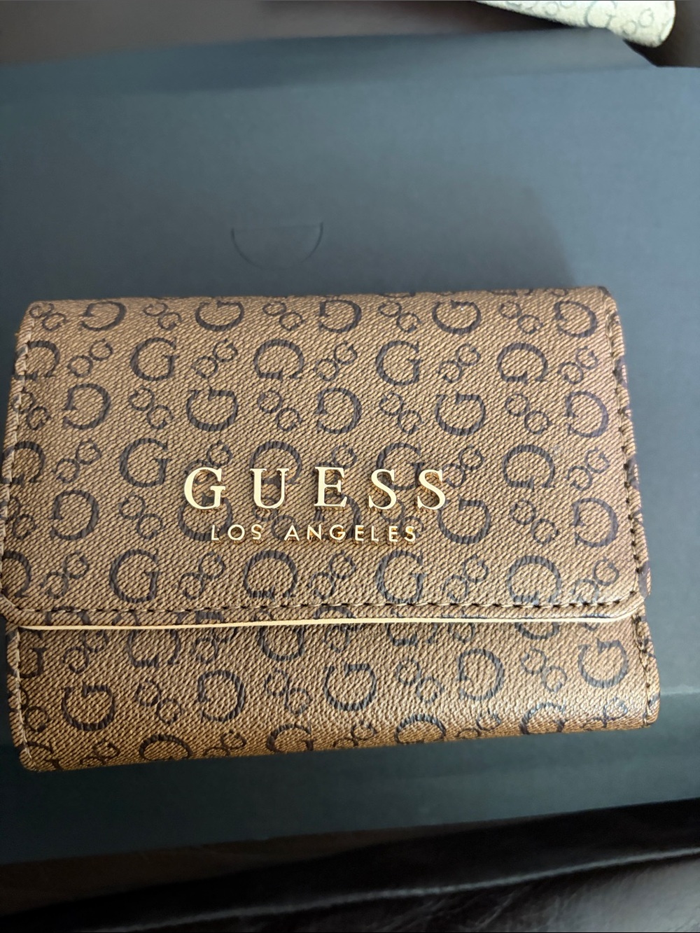 Guess Brown Logo Print Wallet with Gold Hardware